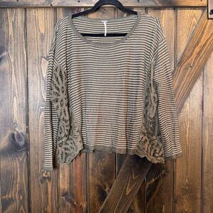 Free People Linen Striped Lace Oversized Top